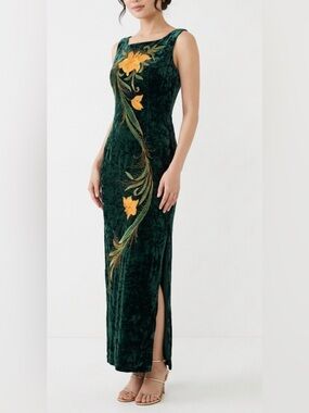 Vintage Tay Dung Green Velour Midi Dress Embroidered Lily Sparkle XXS 0